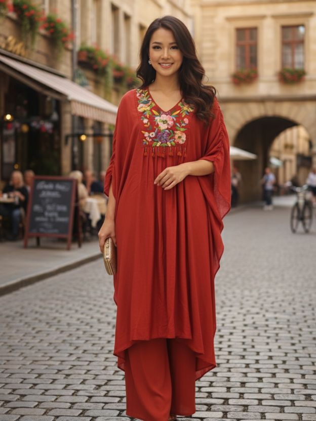 Crimson charm rust orange embroidered  kaftan