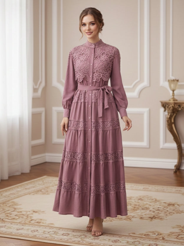 Elegant Lace Panel Tiered Maxi Dress with Waist Tie Belt – Marc Louis