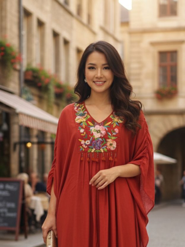 Crimson charm rust orange embroidered  kaftan