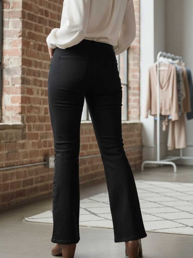 Black Flared Denim Jeans with Lace Panel Detailing