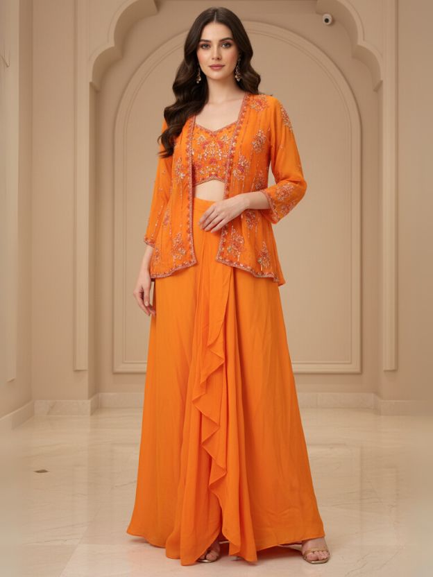 Aurora Flame Orange Embellished Crop Top with Ruffle Skirt & Jacket Set