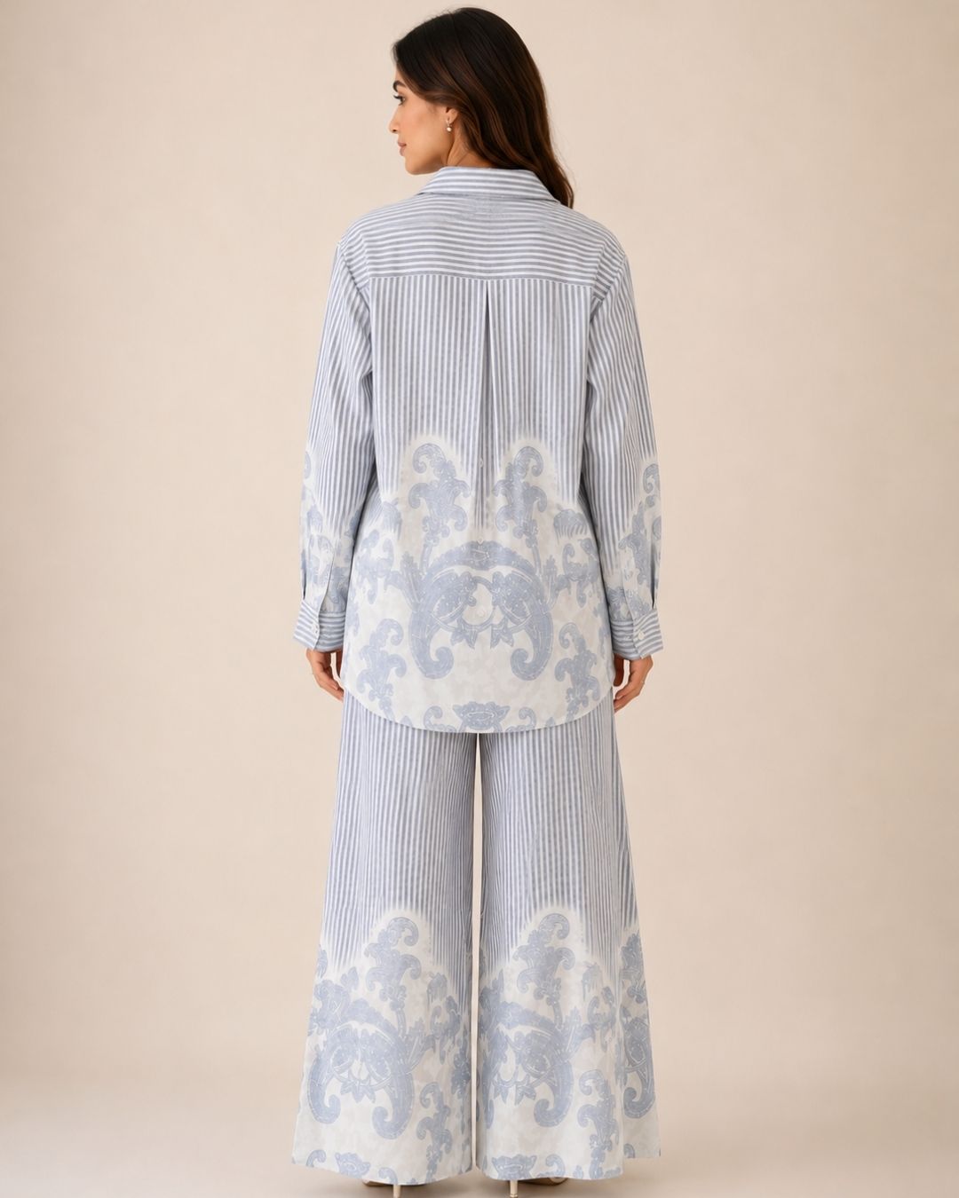 Women’s Striped Co-ord Set with Paisley Print | Button-Down Shirt & Wide Leg Pants