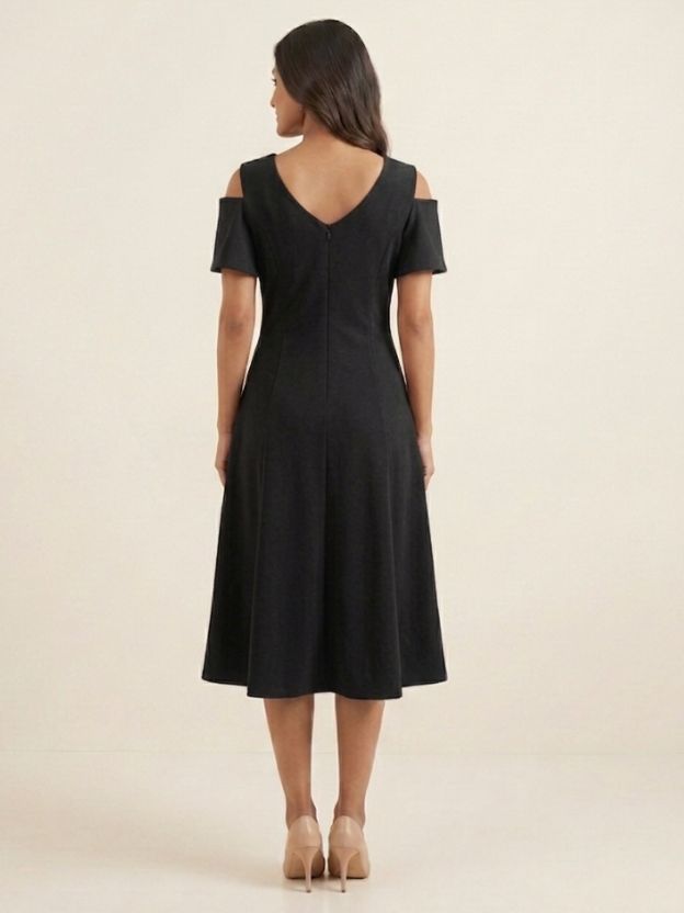 Velvet Whisper Cold-Shoulder Midi Dress