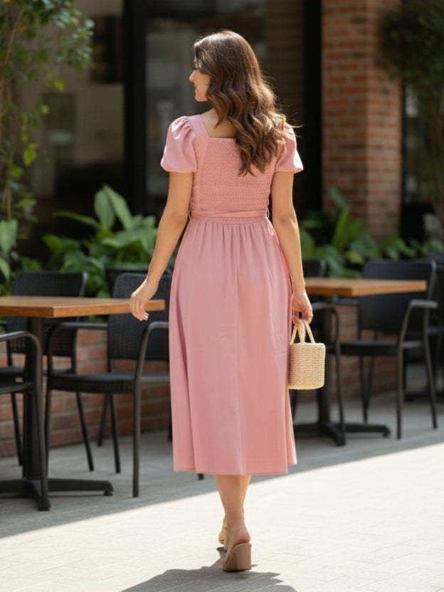 Elegant Burgundy Midi Dress for Women – Puff Sleeve Sweetheart Neckline Party Dress