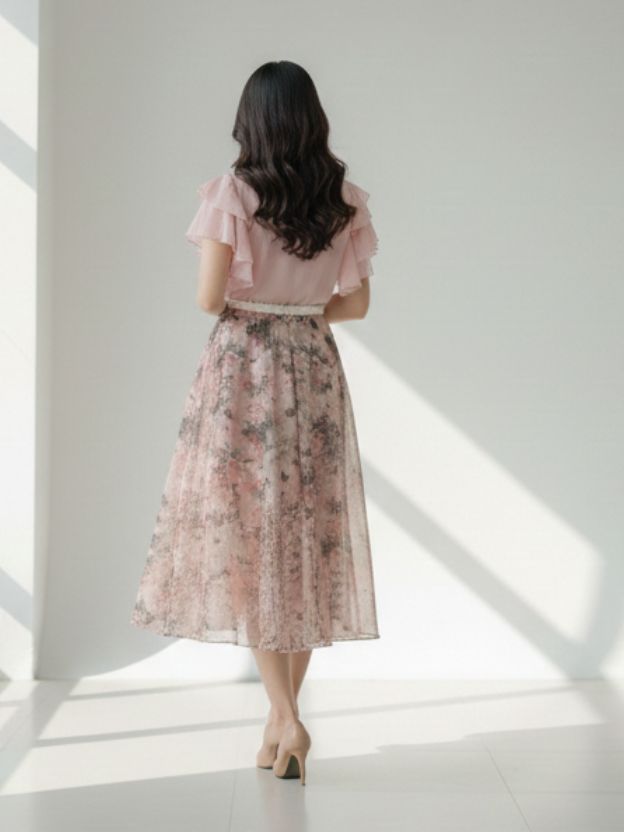 Elegant Floral Midi Dress with Soft Ruffle Details