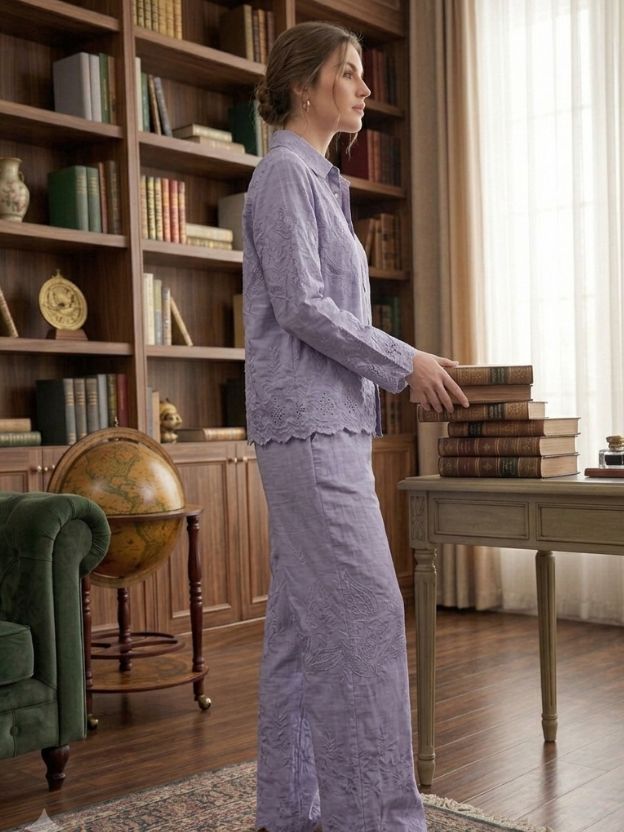 Elegant Embroidered Two-Piece Button-Down Shirt and Wide-Leg Pant Set
