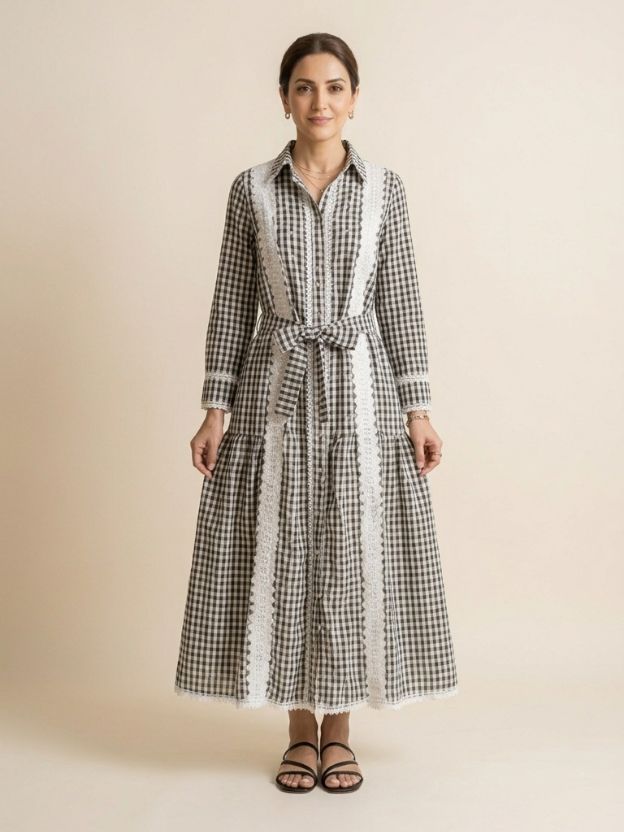 Elegant Gingham Shirt Dress with Lace Panel Detailing