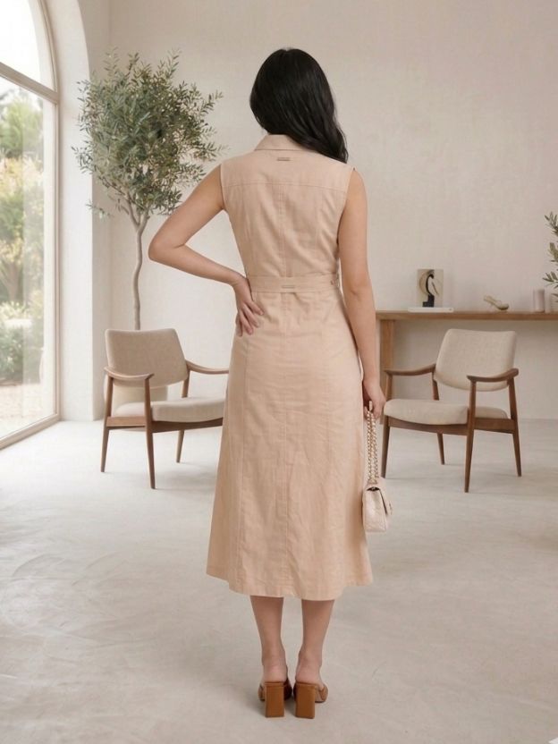 Mocha Elegance Linen Midi Dress