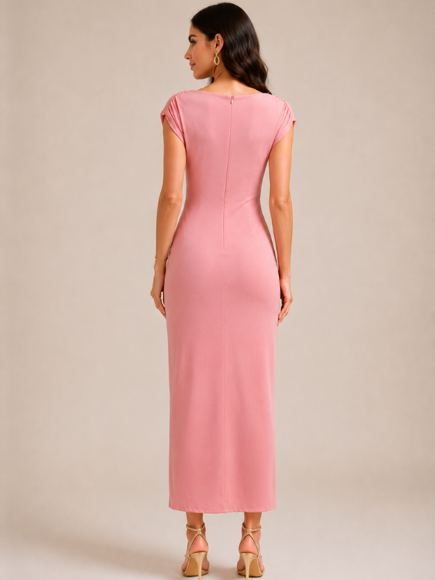 Women's Elegant Cowl Neck Midi Dress with Side Slit & Waist Buckle | Party, Cocktail & Evening Dress