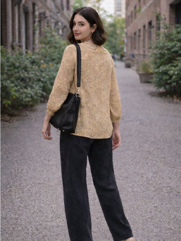 Embroidered Peter Pan Collar Button-Down Shirt