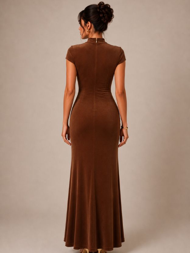 Women's Elegant Mock Neck Ruched Maxi Dress with Gold Buckle Detail | Bodycon Evening Party Gown | Wine Brown