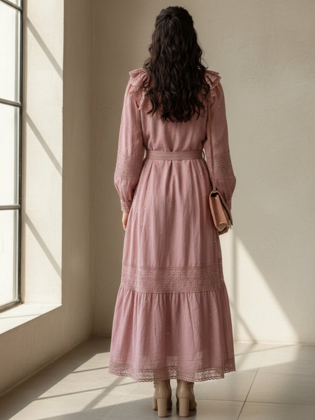 Elegant Lace Collar Tiered Midi Dress
