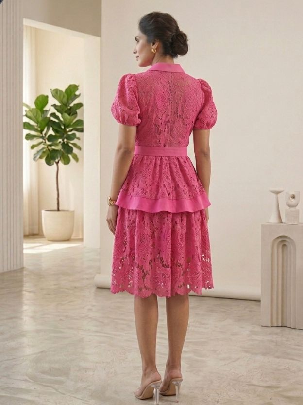 Vintage-Inspired Lace Button-Down Dress with Belt - Romantic Peplum Midi