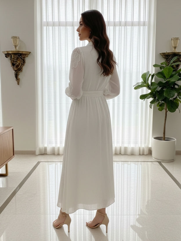 Floral Appliqué Sheer Midi Dress with Belt