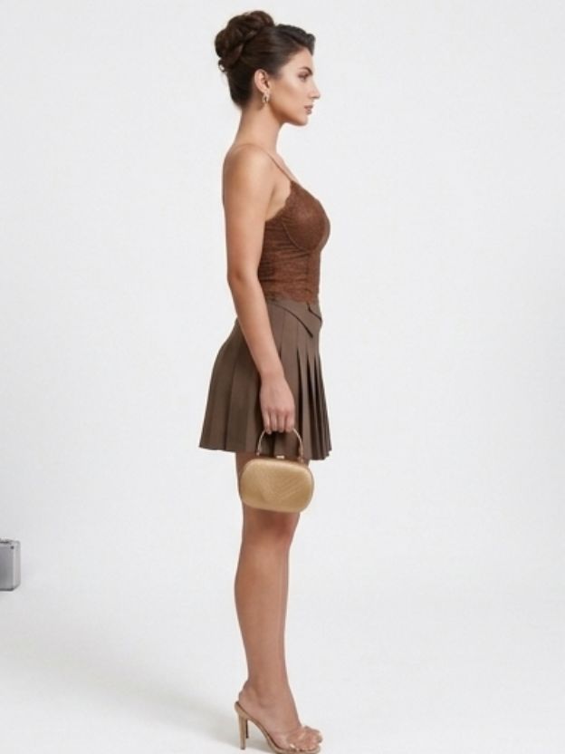 Brown Pleated A-Line Skirt