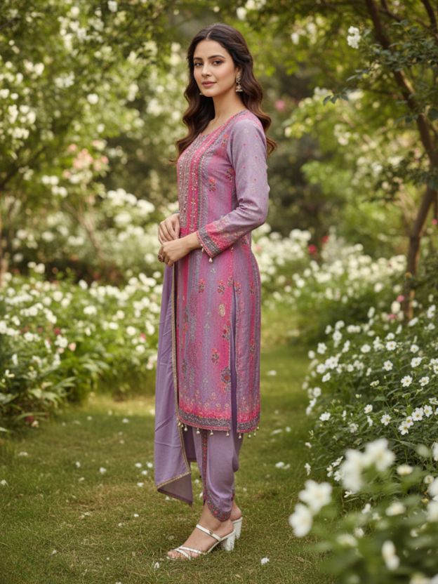 Lavender Bloom Cotton Suit With  Floral Detailing