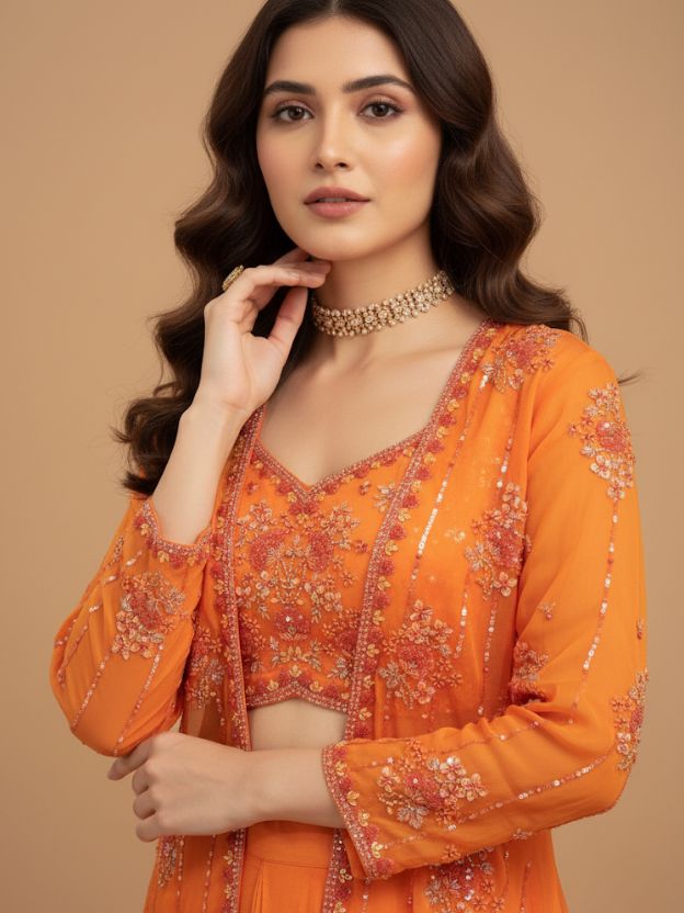 Aurora Flame Orange Embellished Crop Top with Ruffle Skirt & Jacket Set