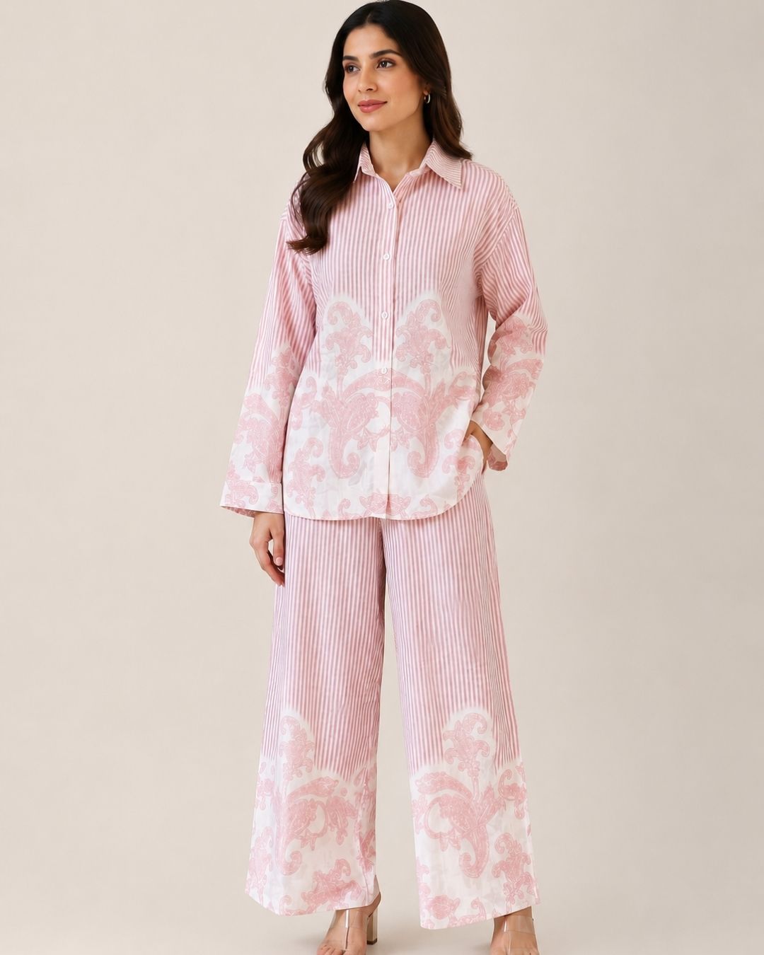Women’s Striped Co-ord Set with Paisley Print | Button-Down Shirt & Wide Leg Pants