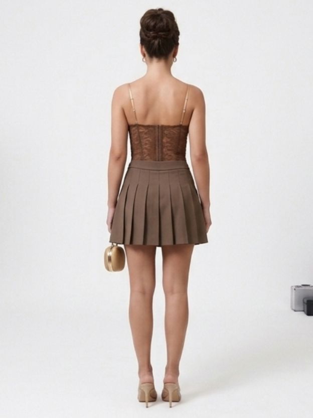 Brown Pleated A-Line Skirt
