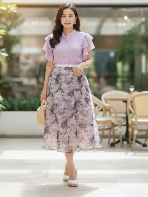 Elegant Floral Midi Dress with Soft Ruffle Details