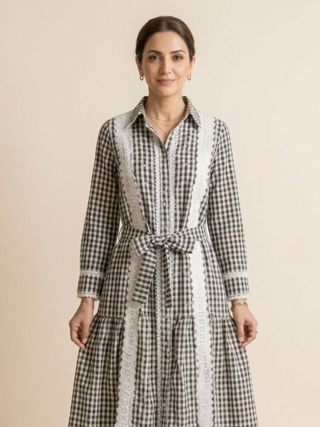 Elegant Gingham Shirt Dress with Lace Panel Detailing