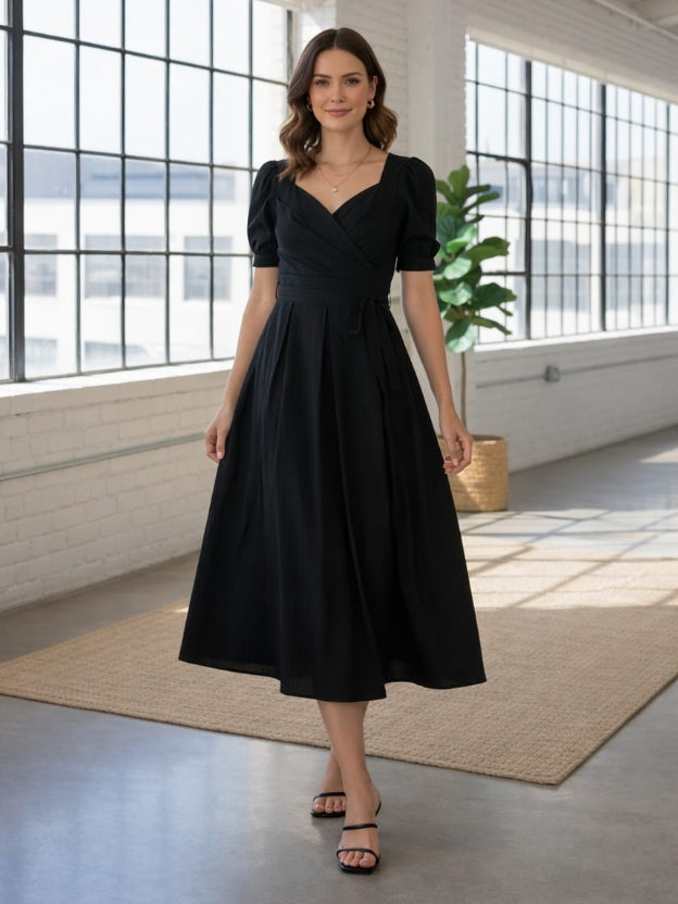 Elegant Burgundy Midi Dress for Women – Puff Sleeve Sweetheart Neckline Party Dress