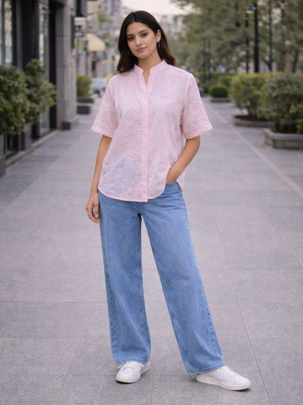 Women’s Embroidered Cotton Shirt – Summer Casual Short Sleeve Button Down Top