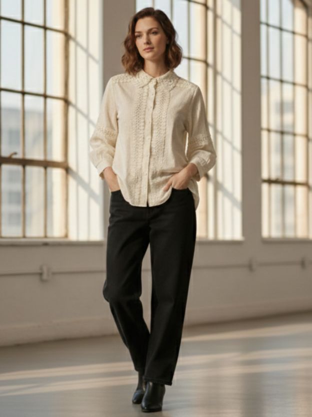 Elegant Lace Panel Button-Down Blouse