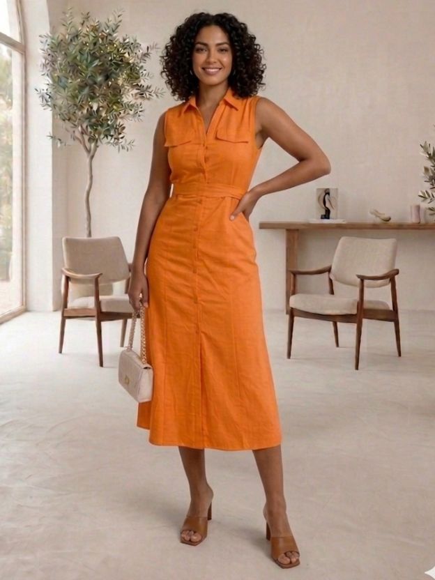 Mocha Elegance Linen Midi Dress