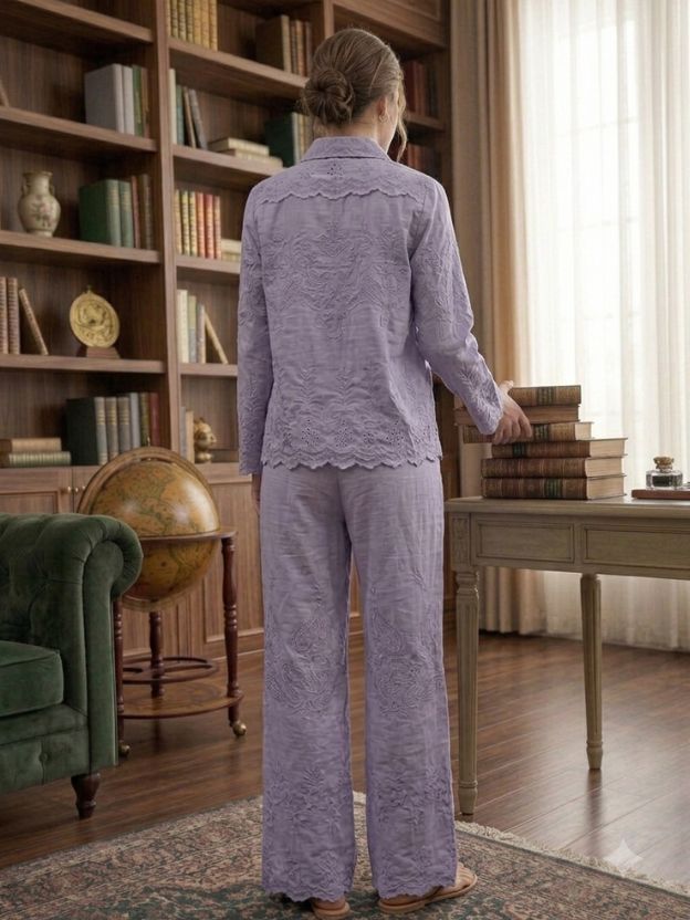 Elegant Embroidered Two-Piece Button-Down Shirt and Wide-Leg Pant Set