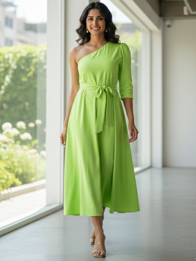 One-Shoulder Midi Dress with Waist