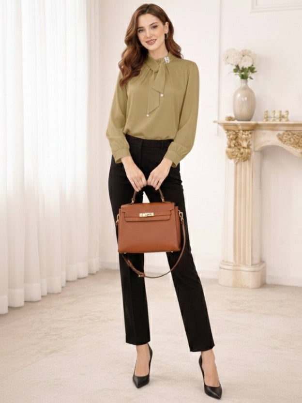 Elegant Tie-Neck Pearl Satin top