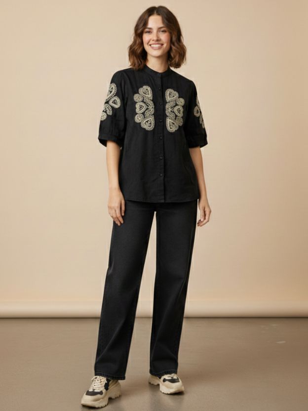 Elegant Embroidered Casual Shirt with Heart Detail