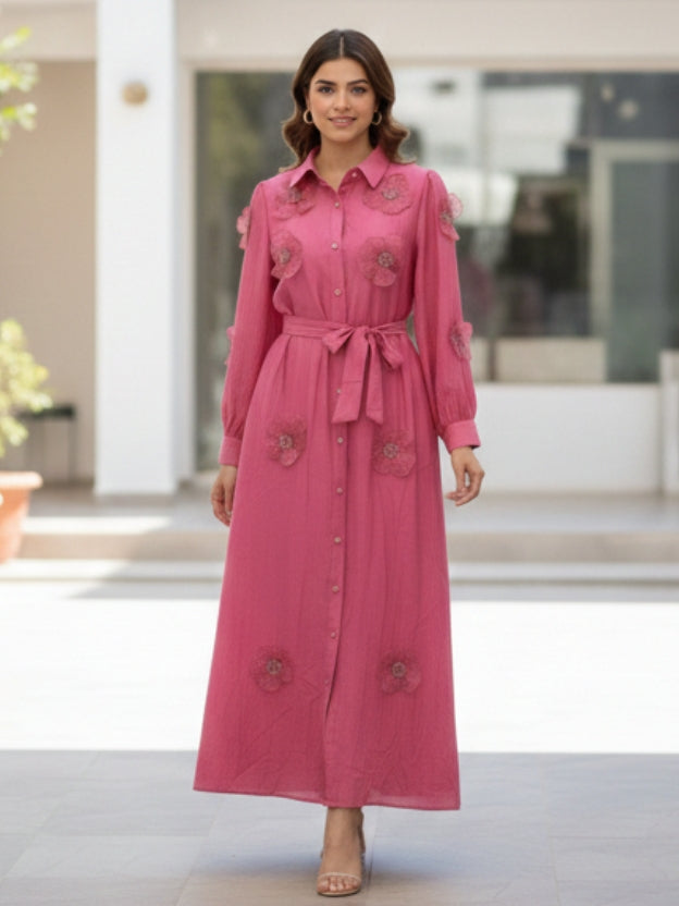 Floral Appliqué Sheer Midi Dress with Belt