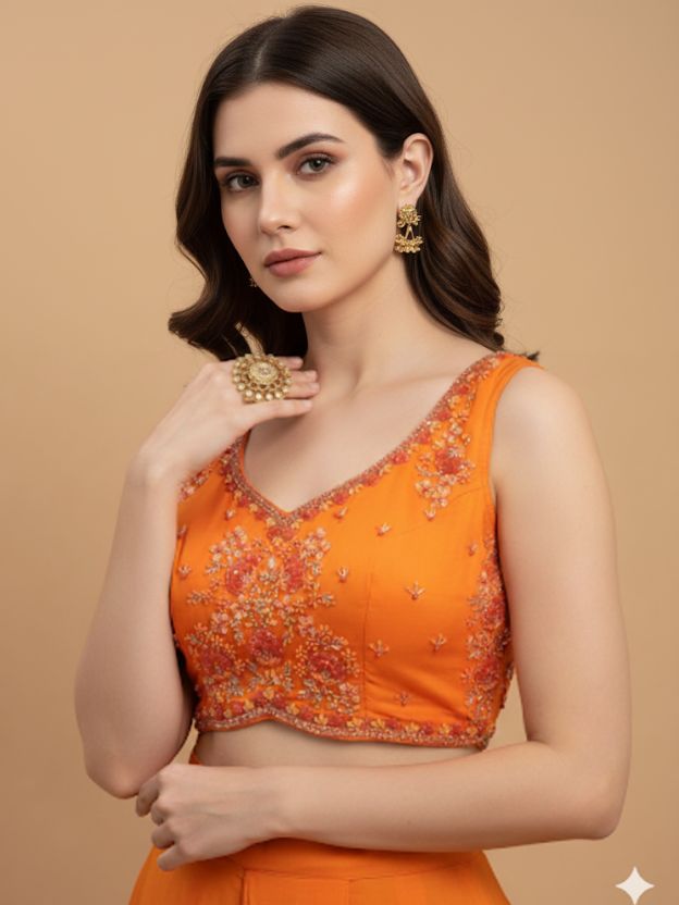 Aurora Flame Orange Embellished Crop Top with Ruffle Skirt & Jacket Set