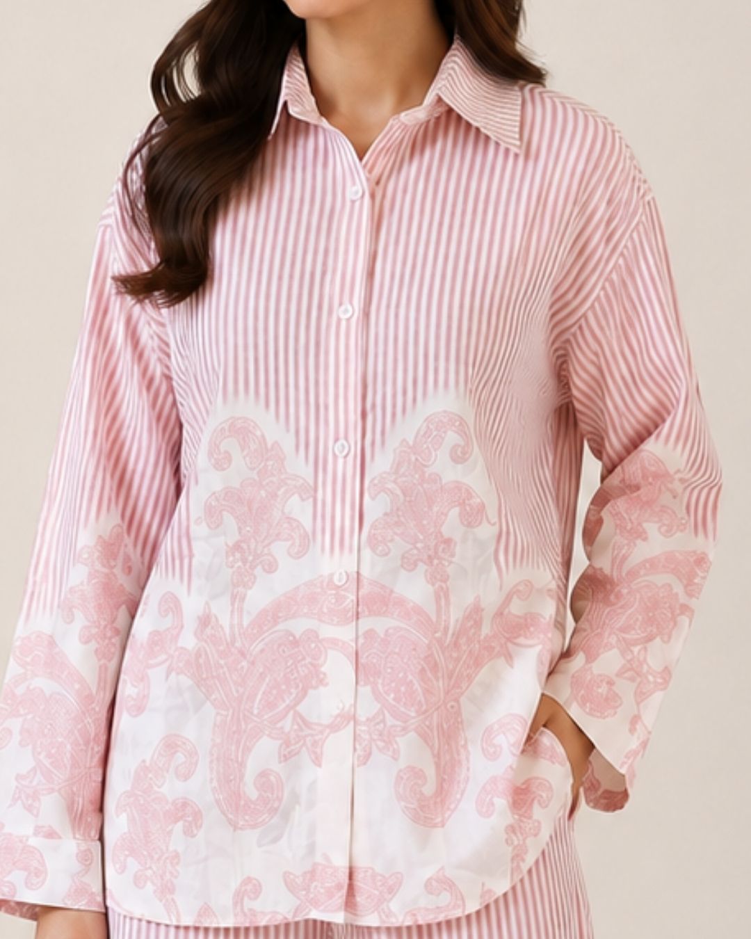 Women’s Striped Co-ord Set with Paisley Print | Button-Down Shirt & Wide Leg Pants