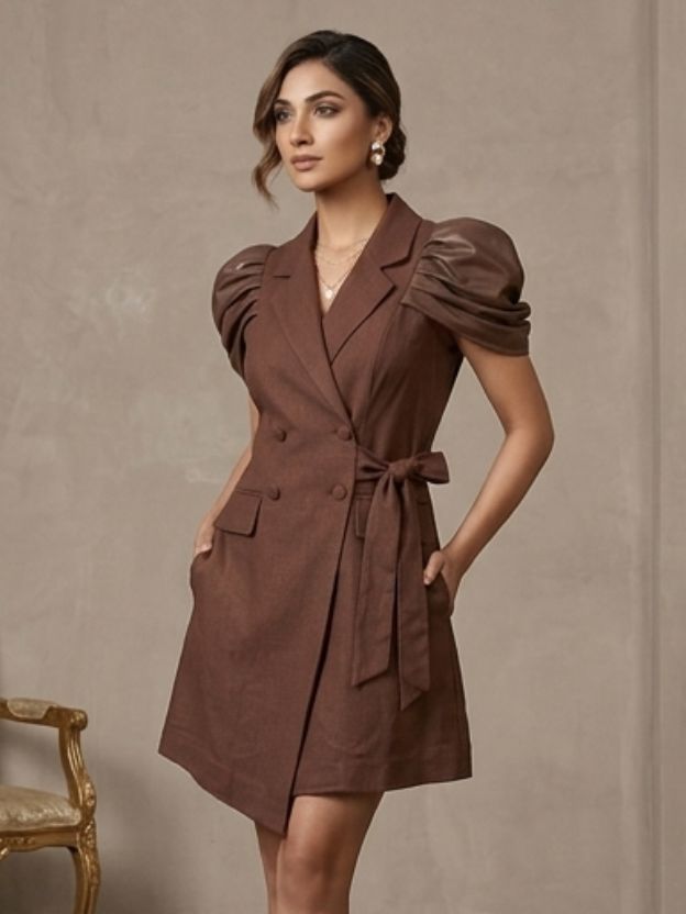 Puff Sleeve Blazer Dress - Double Breasted Tulle Detail Mini Dress