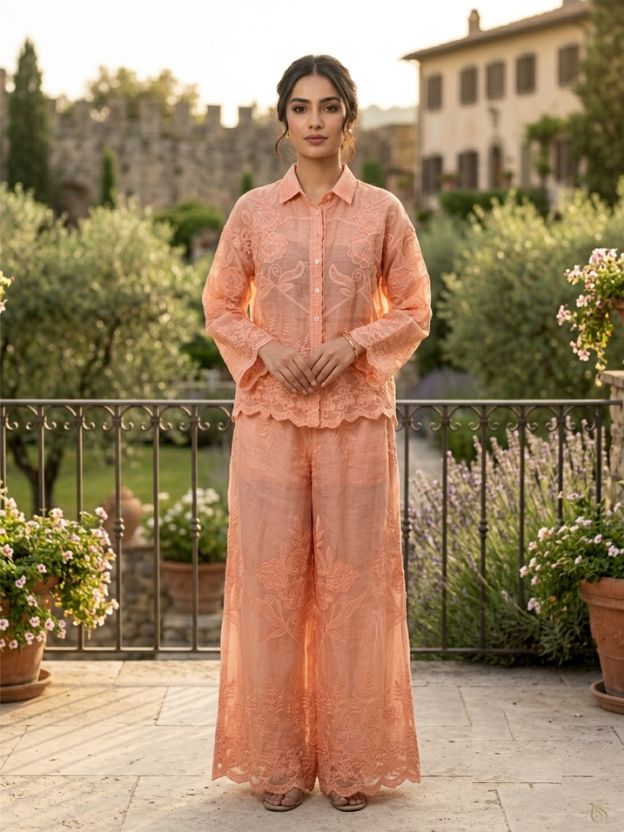Elegant Embroidered Two-Piece Button-Down Shirt and Wide-Leg Pant Set