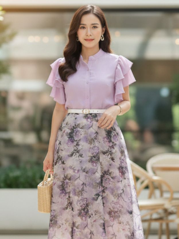 Elegant Floral Midi Dress with Soft Ruffle Details