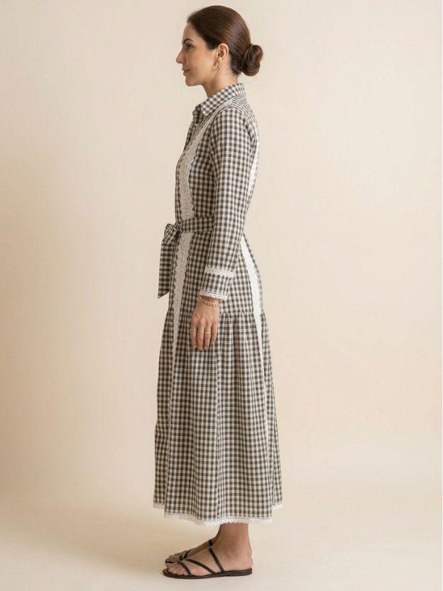 Elegant Gingham Shirt Dress with Lace Panel Detailing