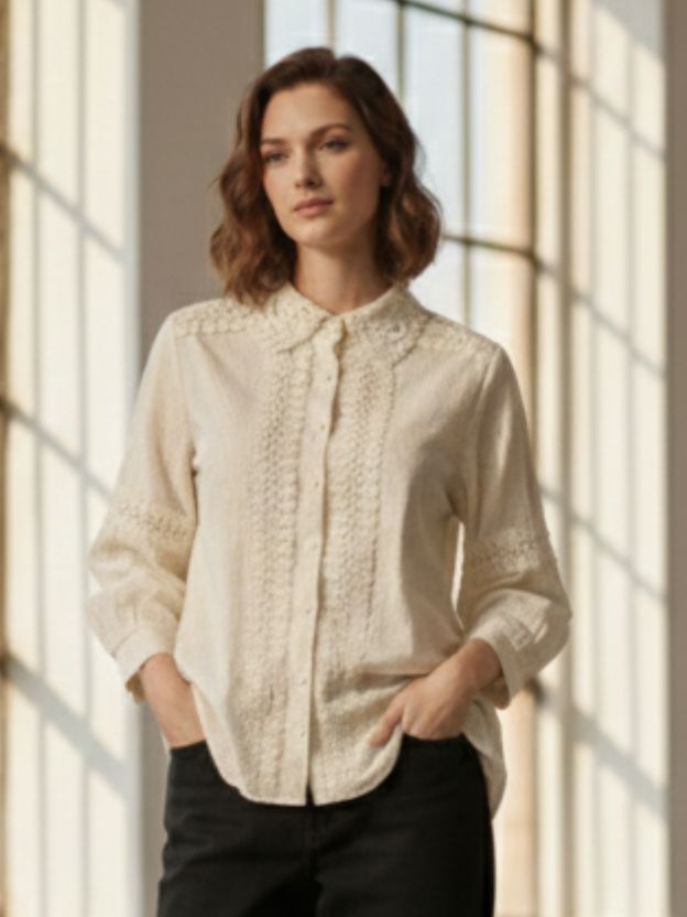 Elegant Lace Panel Button-Down Blouse
