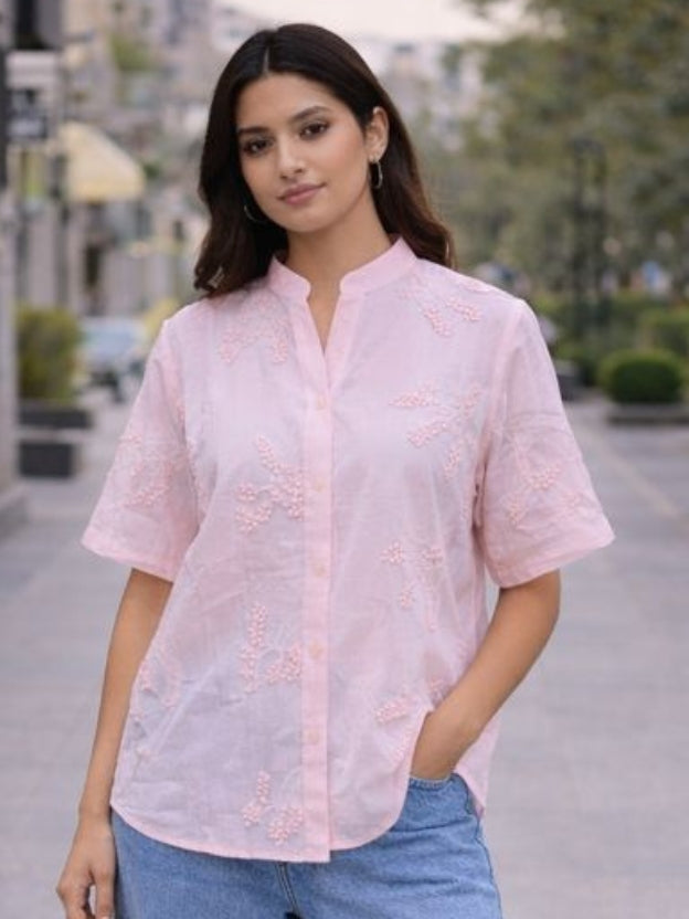 Women’s Embroidered Cotton Shirt – Summer Casual Short Sleeve Button Down Top
