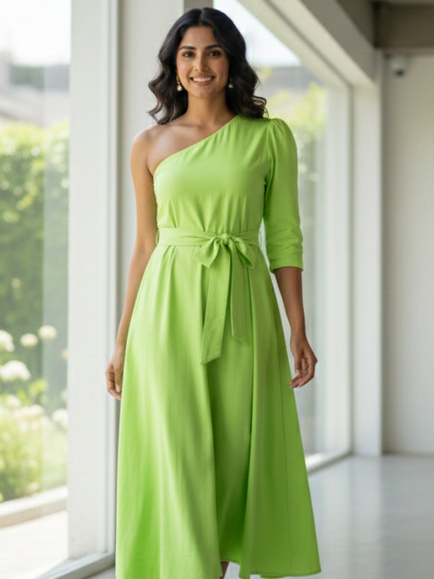 One-Shoulder Midi Dress with Waist