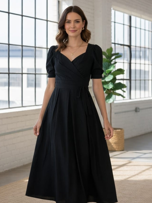 Elegant Burgundy Midi Dress for Women – Puff Sleeve Sweetheart Neckline Party Dress