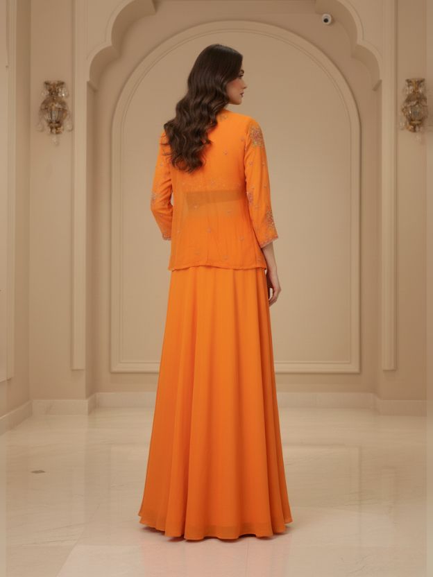 Aurora Flame Orange Embellished Crop Top with Ruffle Skirt & Jacket Set