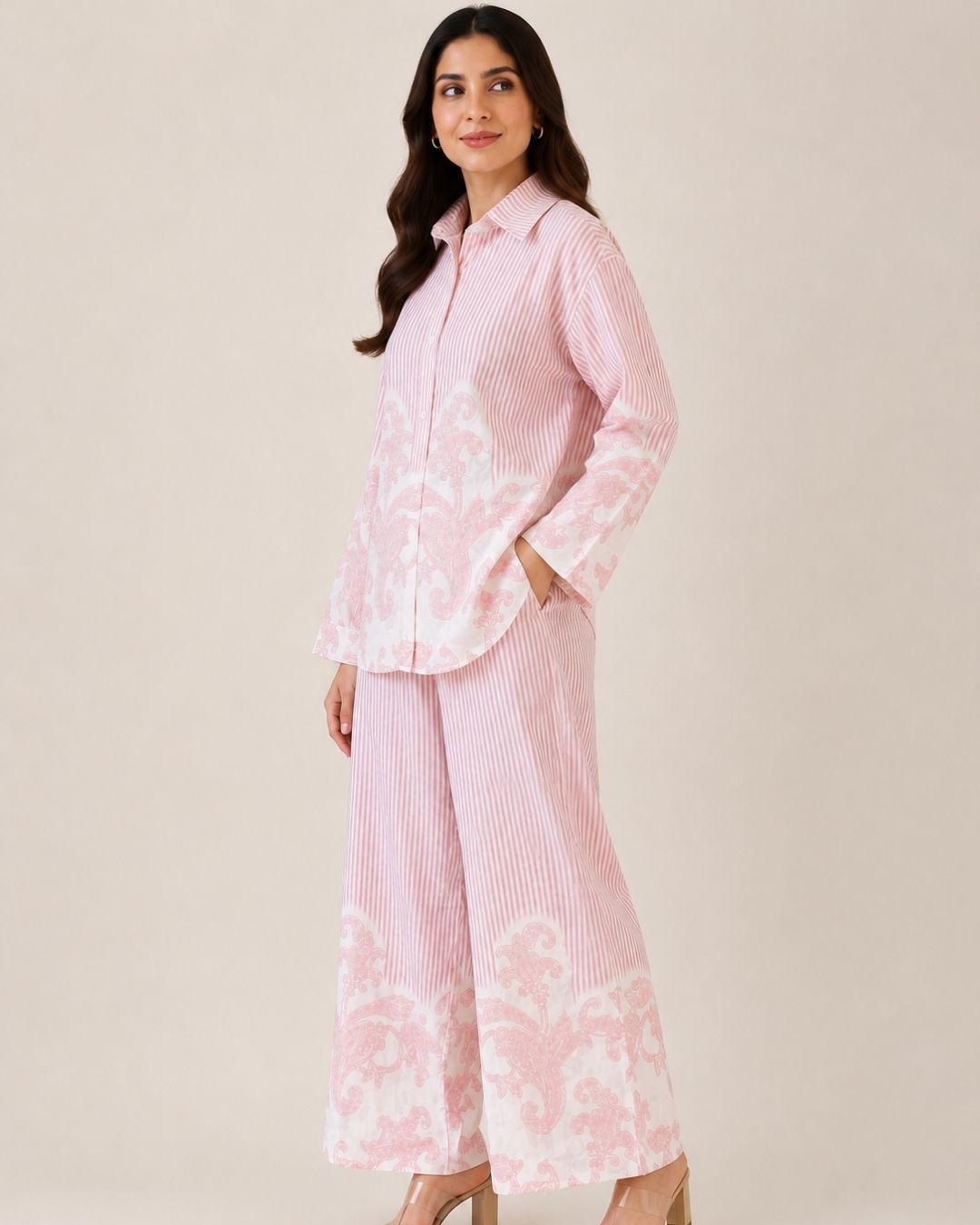 Women’s Striped Co-ord Set with Paisley Print | Button-Down Shirt & Wide Leg Pants