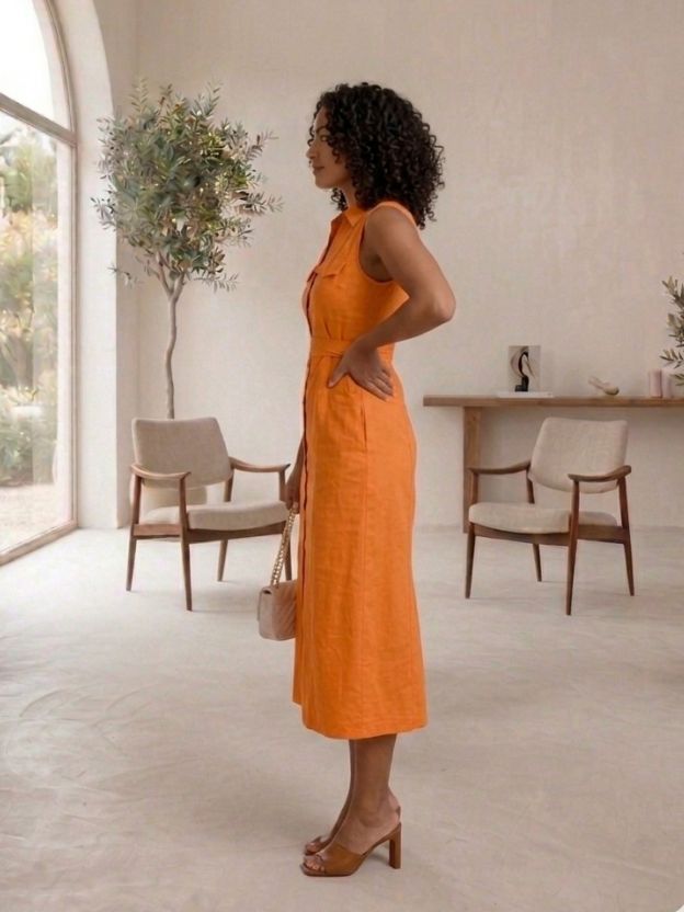 Mocha Elegance Linen Midi Dress