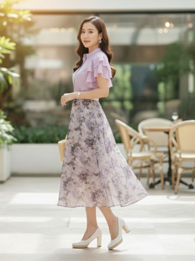 Elegant Floral Midi Dress with Soft Ruffle Details