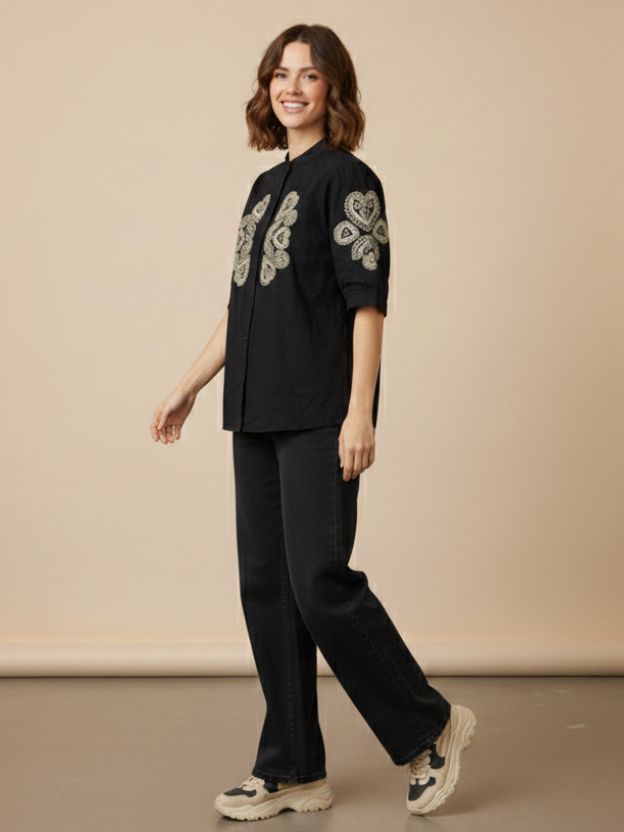 Elegant Embroidered Casual Shirt with Heart Detail