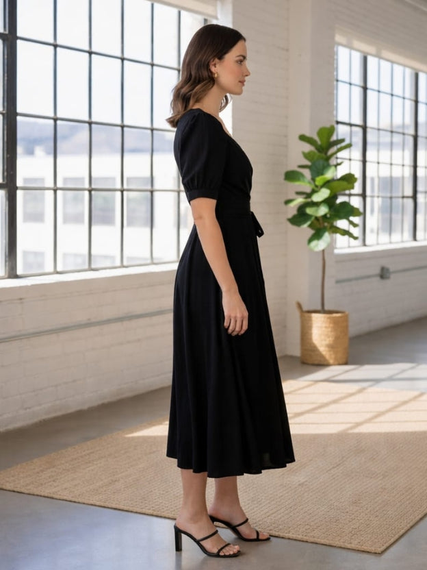 Elegant Burgundy Midi Dress for Women – Puff Sleeve Sweetheart Neckline Party Dress